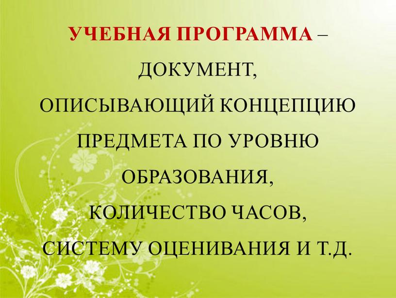 Учебная программа – ДОкумент, описывающий концепцию предмета по уровню образования, количество часов, систему оценивания