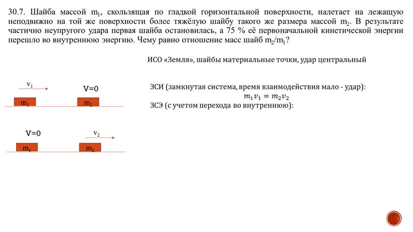 Шайба массой m1, скользящая по гладкой горизонтальной поверхности, налетает на лежащую неподвижно на той же поверхности более тяжёлую шайбу такого же размера массой m2