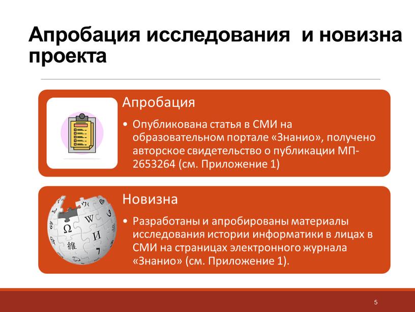 Апробация исследования и новизна проекта 5