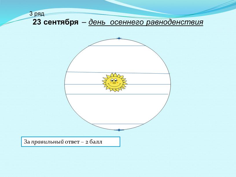 3 ряд 23 сентября – день осеннего равноденствия За правильный ответ – 2 балл