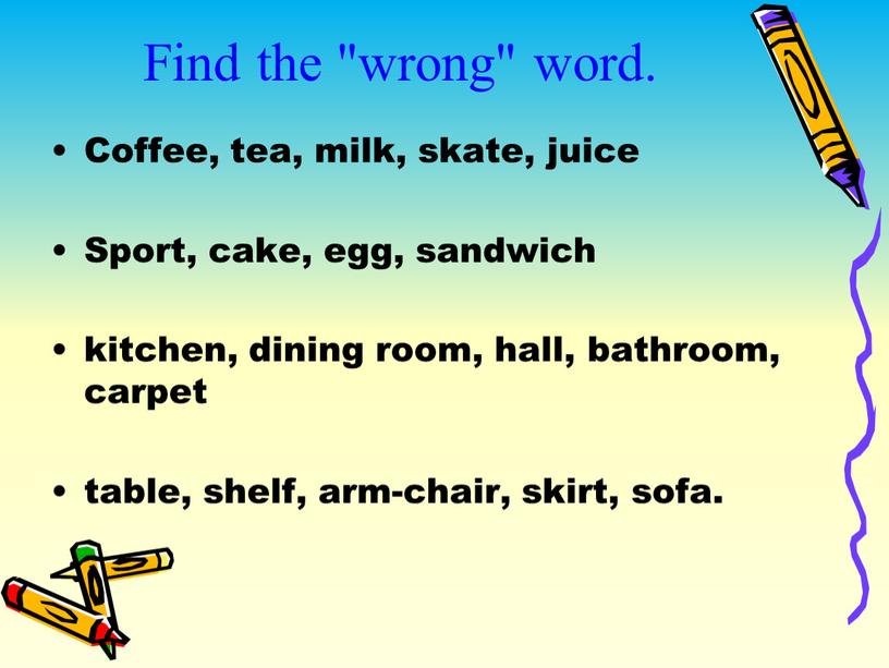 Find the "wrong" word. Coffee, tea, milk, skate, juice