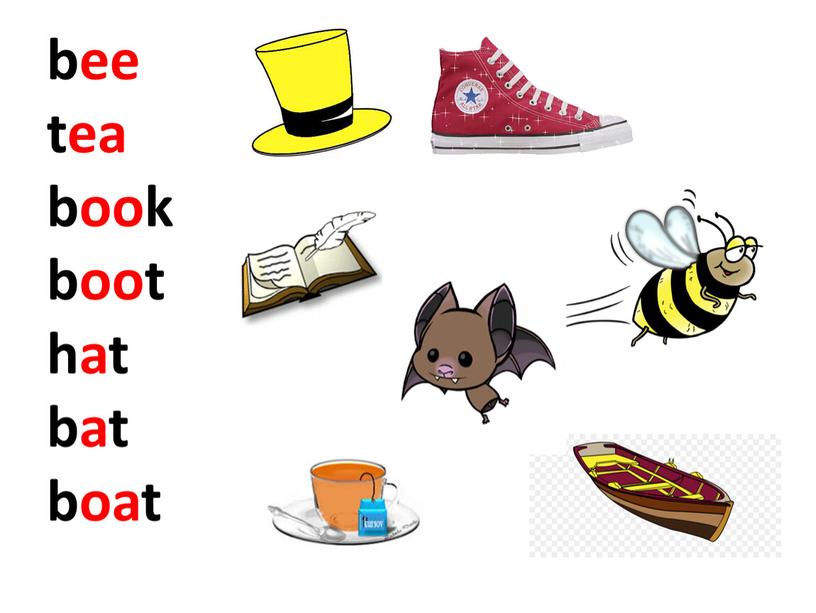 bee tea book boot hat bat boat