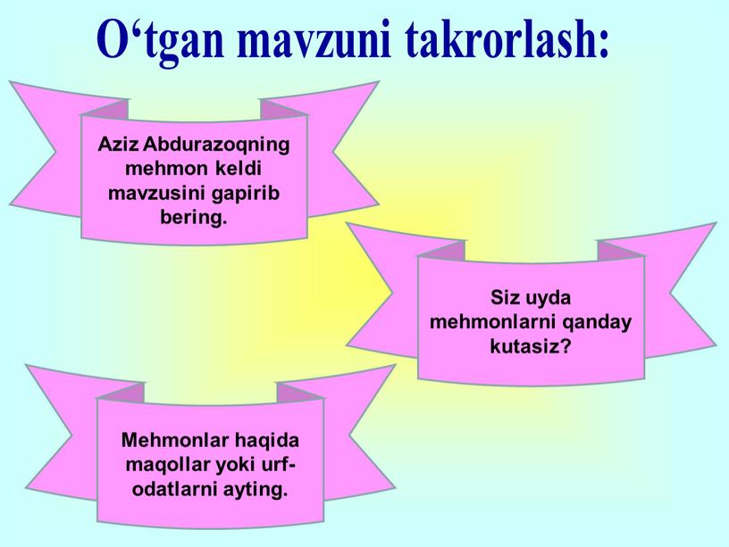 O‘tgan mavzuni takrorlash: Mehmonlar haqida maqollar yoki urf-odatlarni ayting