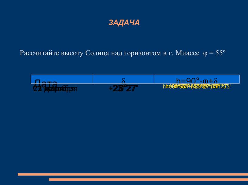 ЗАДАЧА Рассчитайте высоту Солнца над горизонтом в г