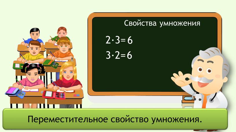 Свойства умножения 3·2= 6 6 От перестановки множителей произведение не меняется