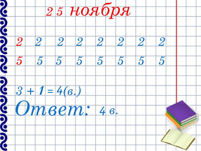 ноября 2 5 2 2 2 2 5 5 5 5 3 + 1 = 4 (в.) Ответ: 4 в. 2 5 2 2 2…