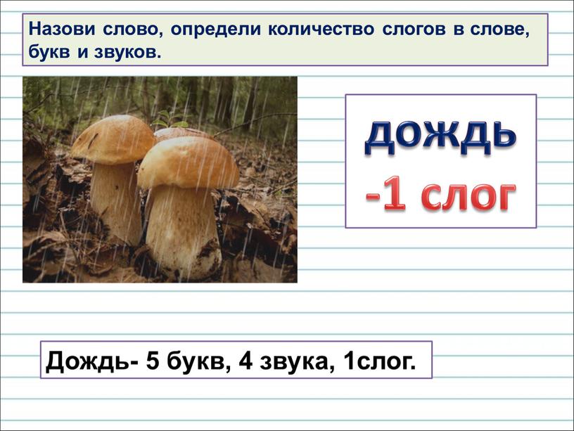 Назови слово, определи количество слогов в слове, букв и звуков