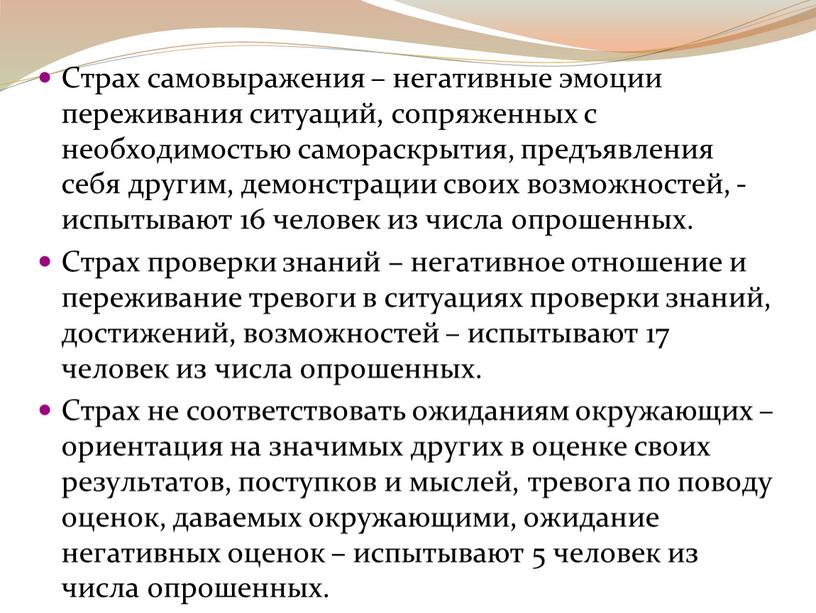 Страх самовыражения – негативные эмоции переживания ситуаций, сопряженных с необходимостью самораскрытия, предъявления себя другим, демонстрации своих возможностей, - испытывают 16 человек из числа опрошенных