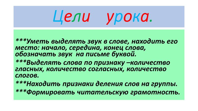 Цели урока. ***Уметь выделять звук в слове, находить его место: начало, середина, конец слова, обозначать звук на письме буквой