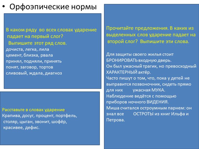 Орфоэпические нормы В каком ряду во всех словах ударение падает на первый слог?