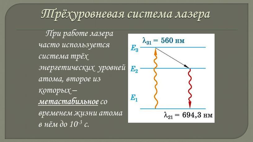 Трёхуровневая система лазера При работе лазера часто используется система трёх энергетических уровней атома, второе из которых – метастабильное со временем жизни атома в нём до…