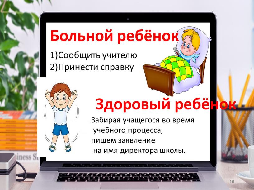 Больной ребёнок 1)Сообщить учителю 2)Принести справку