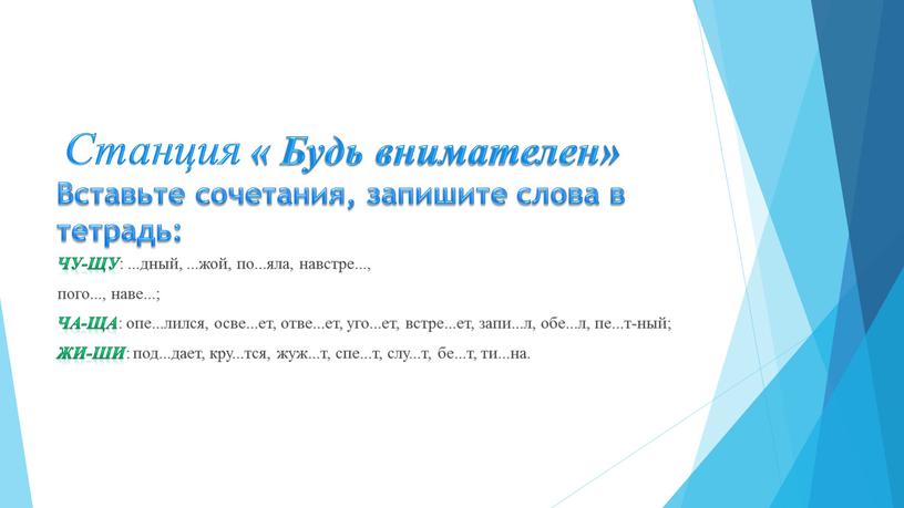 Станция « Будь внимателен» Вставьте сочетания, запишите слова в тетрадь: чу-щу :