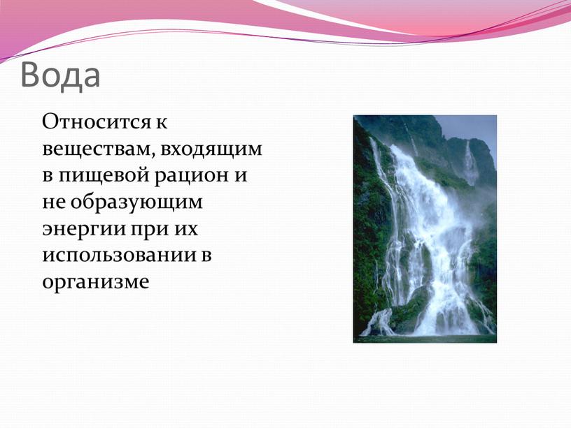 Вода Относится к веществам, входящим в пищевой рацион и не образующим энергии при их использовании в организме