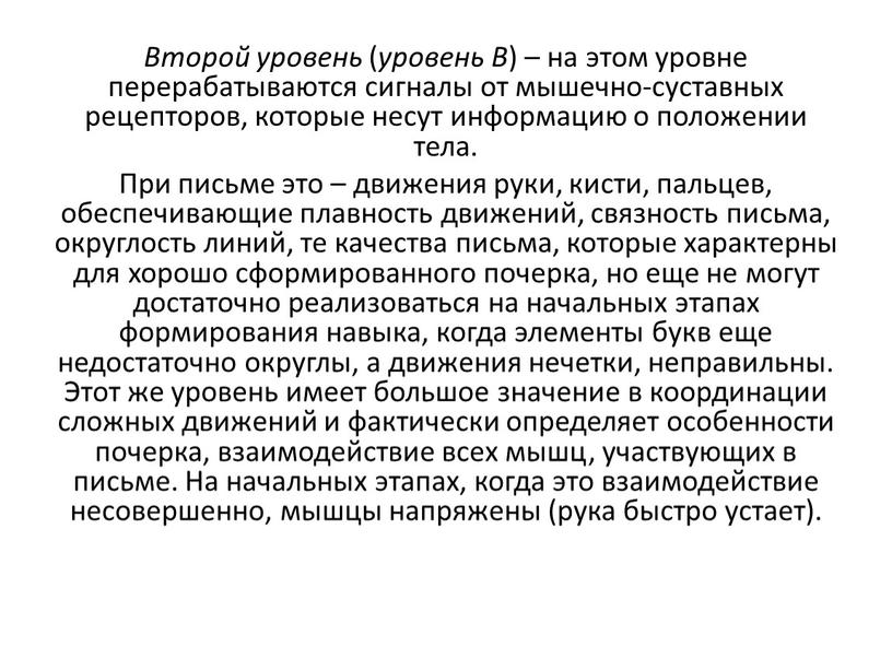 Второй уровень ( уровень В ) – на этом уровне перерабатываются сигналы от мышечно-суставных рецепторов, которые несут информацию о положении тела