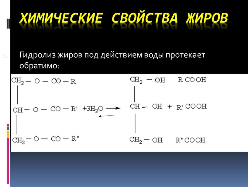 Химические свойства жиров Гидролиз жиров под действием воды протекает обратимо: