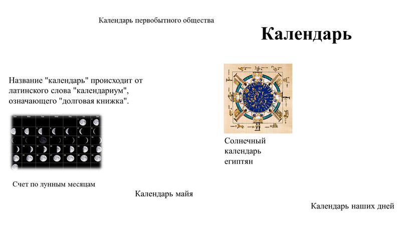 Календарь Название "календарь" происходит от латинского слова "календариум", означающего "долговая книжка"