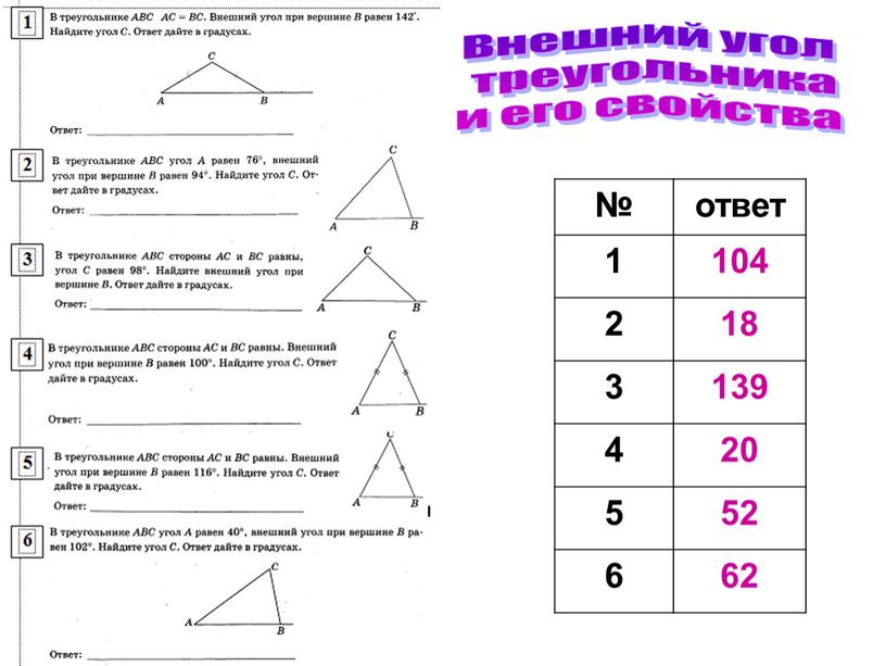 Внешний угол треугольника и его свойства № ответ 1 104 2 18 3 139 4 20 5 52 6 62