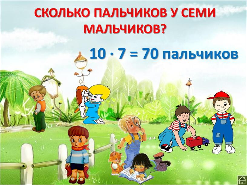 СКОЛЬКО ПАЛЬЧИКОВ У СЕМИ МАЛЬЧИКОВ? 10 ∙ 7 = 70 пальчиков