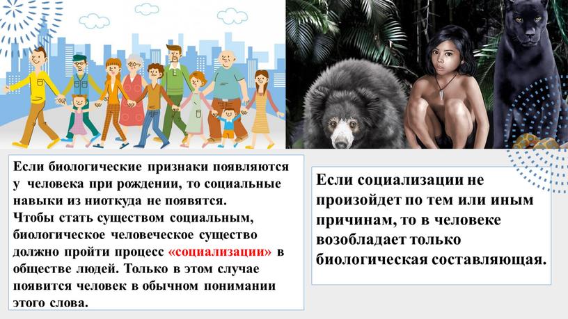 Если социализации не произойдет по тем или иным причинам, то в человеке возобладает только биологическая составляющая