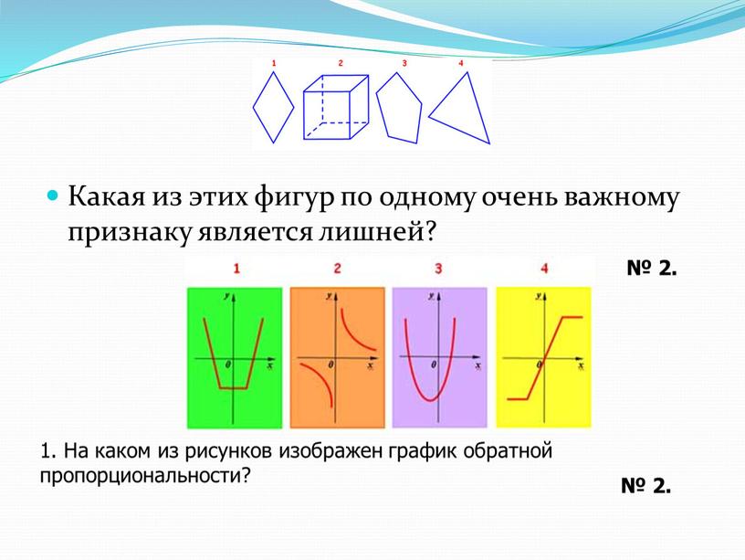 Какая из этих фигур по одному очень важному признаку является лишней? № 2