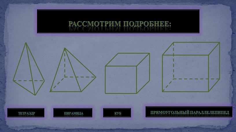 рассмотрим подробнее: пирамида прямоугольный параллелепипед Тетраэдр Куб