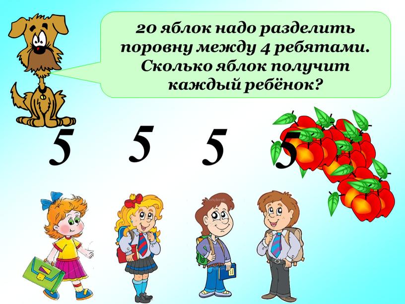 Сколько яблок получит каждый ребёнок? 5 5 5 5