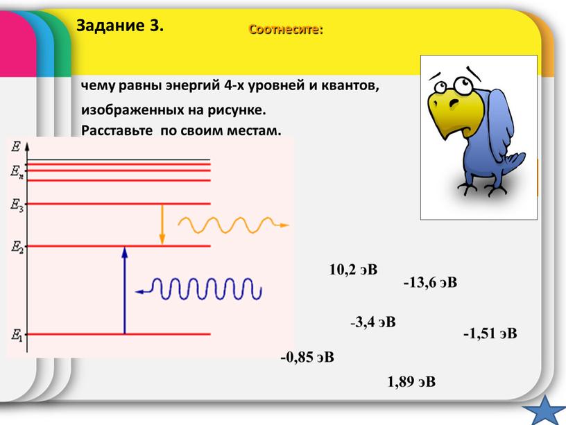 Соотнесите: чему равны энергий 4-х уровней и квантов, изображенных на рисунке