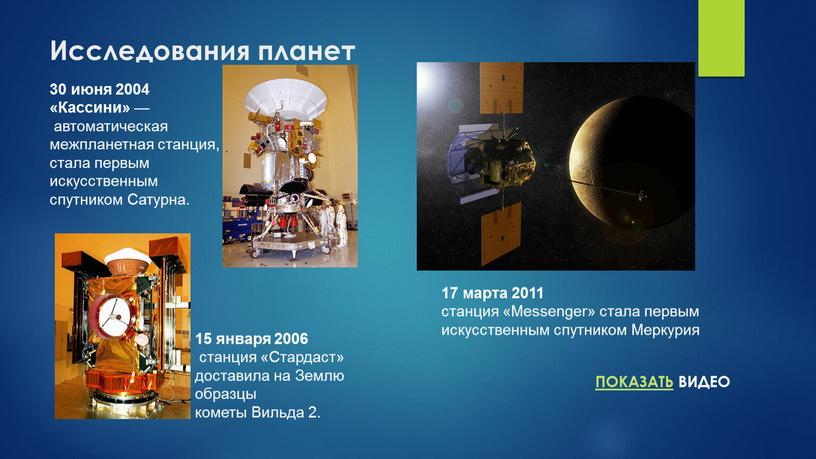 Исследования планет 30 июня 2004 «Кассини» — автоматическая межпланетная станция, стала первым искусственным спутником