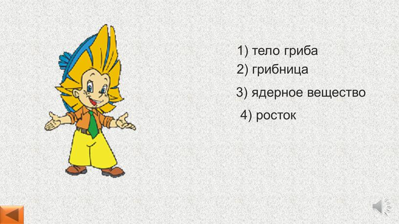 4) росток 1) тело гриба 2) грибница 3) ядерное вещество