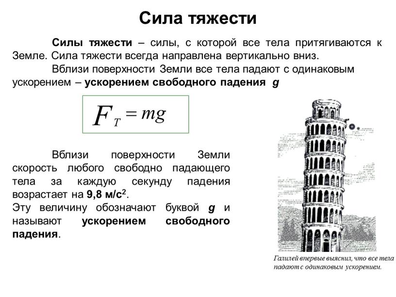 Сила тяжести Силы тяжести – силы, с которой все тела притягиваются к