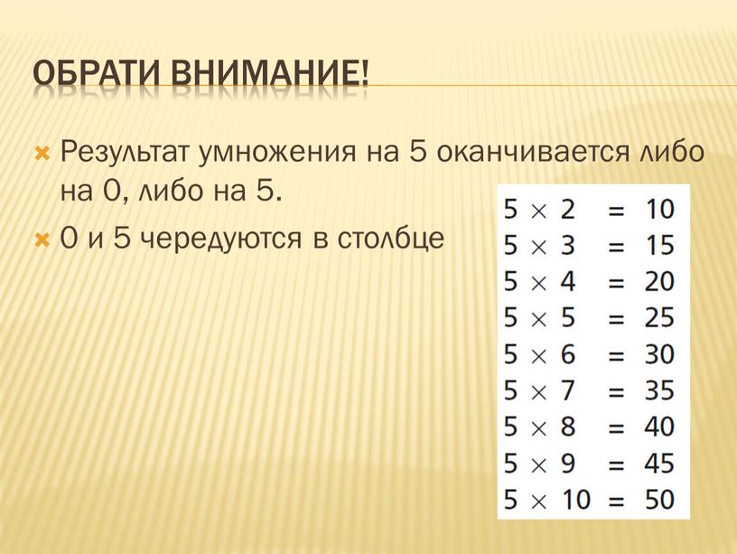 Обрати внимание! Результат умножения на 5 оканчивается либо на 0, либо на 5