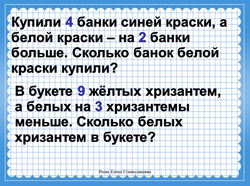 Роева Елена Станиславовна Купили 4 банки синей краски, а белой краски – на 2 банки больше