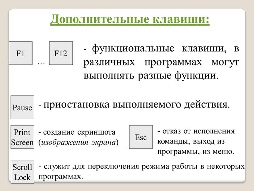 Дополнительные клавиши: - функциональные клавиши, в различных программах могут выполнять разные функции