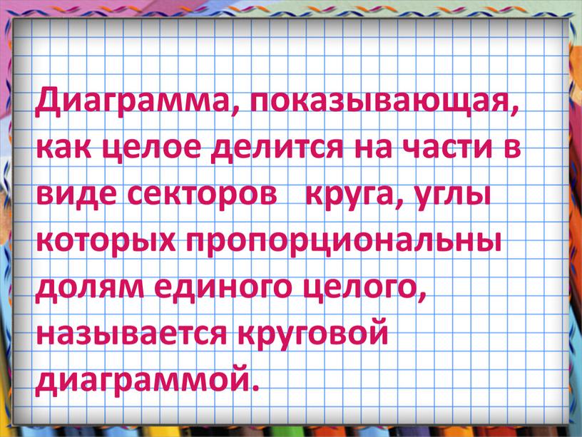 Диаграмма, показывающая, как целое делится на части в виде секторов круга, углы которых пропорциональны долям единого целого, называется круговой диаграммой