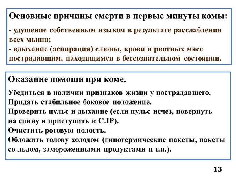 Основные причины смерти в первые минуты комы: - удушение собственным языком в результате расслабления всех мышц; - вдыхание (аспирация) слюны, крови и рвотных масс пострадавшим,…