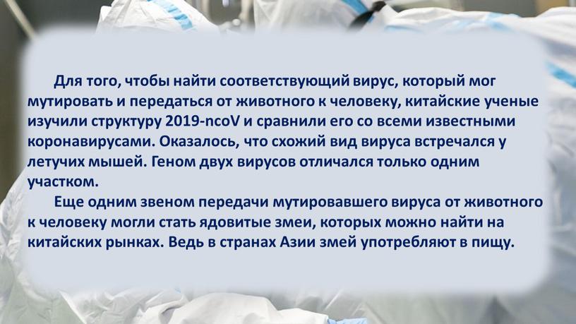 Для того, чтобы найти соответствующий вирус, который мог мутировать и передаться от животного к человеку, китайские ученые изучили структуру 2019-ncoV и сравнили его со всеми…