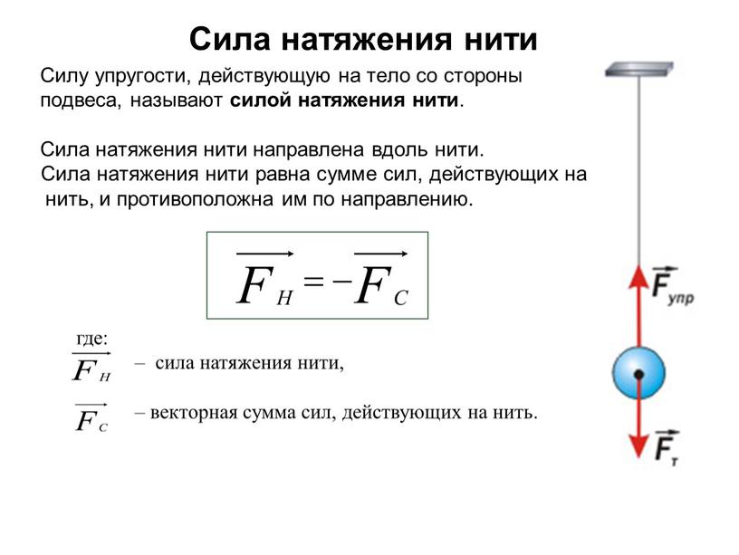 Сила натяжения нити Силу упругости, действующую на тело со стороны подвеса, называют силой натяжения нити