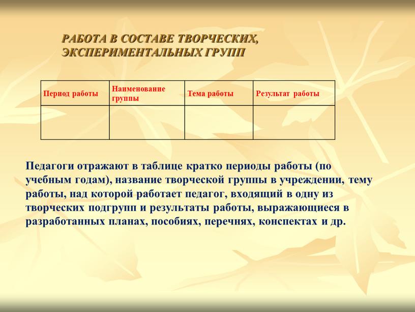 РАБОТА В СОСТАВЕ ТВОРЧЕСКИХ, ЭКСПЕРИМЕНТАЛЬНЫХ