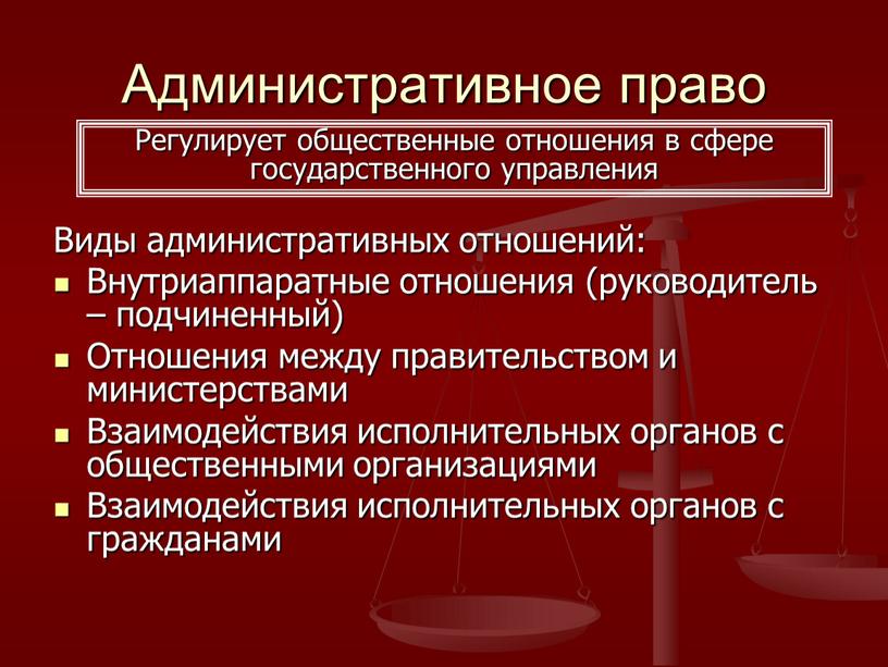 Административное право Виды административных отношений: