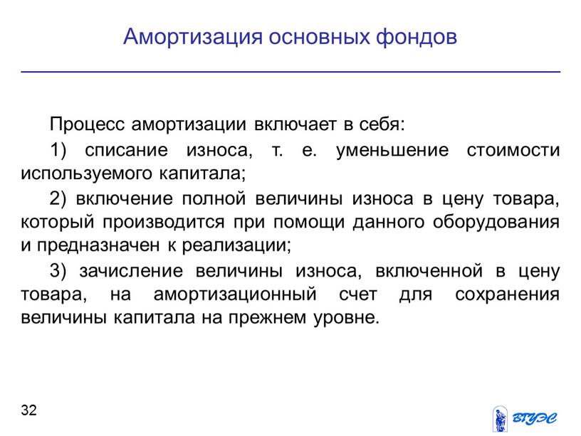 Процесс амортизации включает в себя: 1) списание износа, т