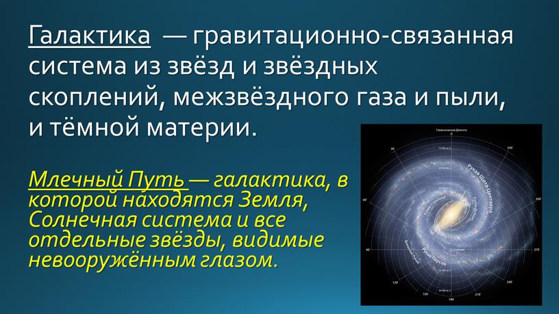 Галактика — гравитационно-связанная система из звёзд и звёздных скоплений, межзвёздного газа и пыли, и тёмной материи