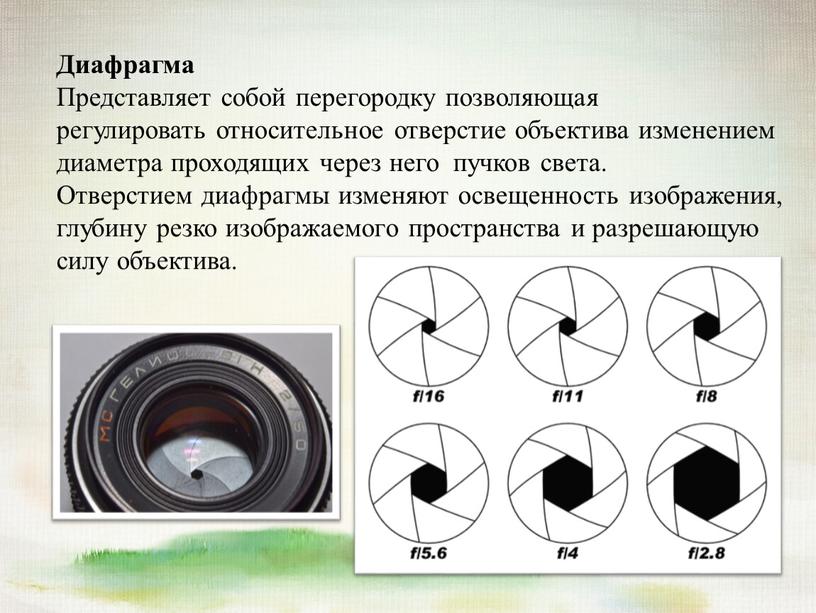 Диафрагма Представляет собой перегородку позволяющая регулировать относительное отверстие объектива изменением диаметра проходящих через него пучков света