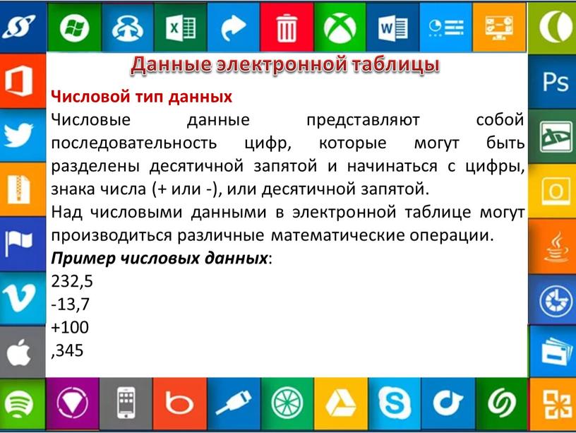Данные электронной таблицы Числовой тип данных