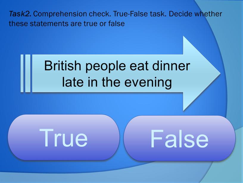 Task2. Comprehension check. True-False task