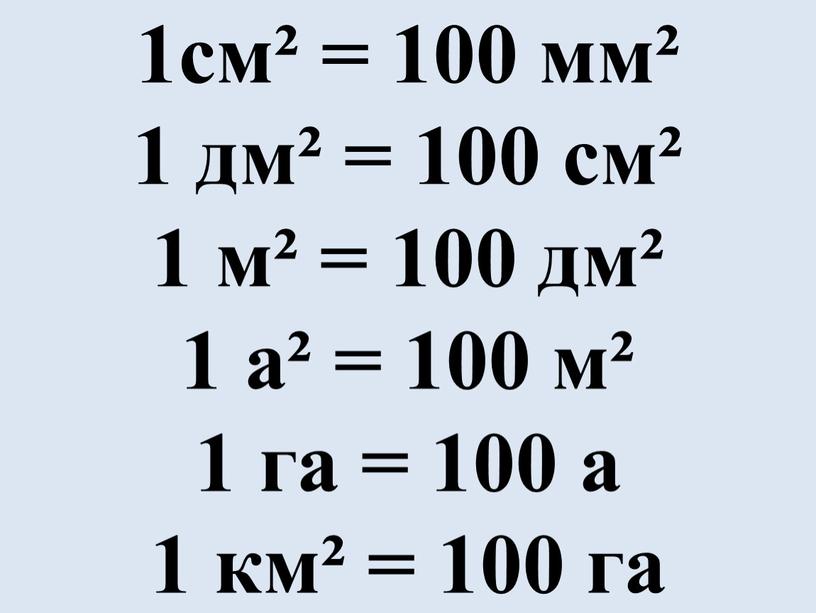 1см² = 100 мм² 1 дм² = 100 см² 1 м² = 100 дм² 1 а² = 100 м² 1 га = 100 а 1…