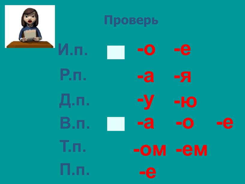 И.п. Р.п. Д.п. В.п. Т.п. П.п. -о -е -а -я -у -ю -а -о -е -ом -ем -е