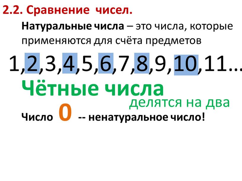 Сравнение чисел. Натуральные числа – это числа, которые применяются для счёта предметов 1,2,3,4,5,6,7,8,9,10,11…