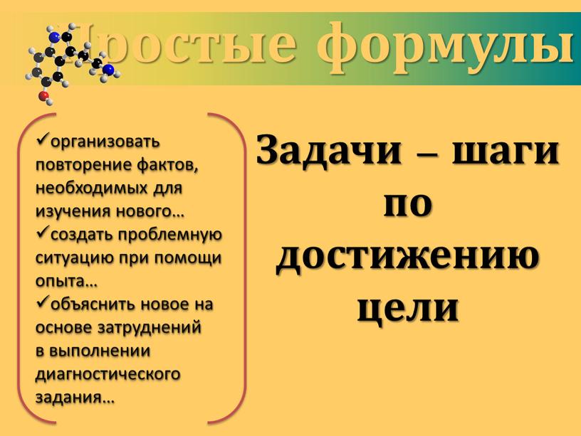 Простые формулы Задачи – шаги по достижению цели организовать повторение фактов, необходимых для изучения нового… создать проблемную ситуацию при помощи опыта… объяснить новое на основе…