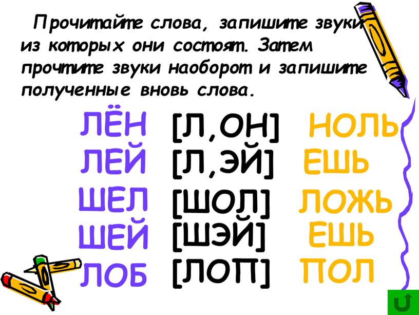 ЛЁН ЛЕЙ ШЕЛ ШЕЙ ЛОБ Прочитайте слова, запишите звуки из которых они состоят